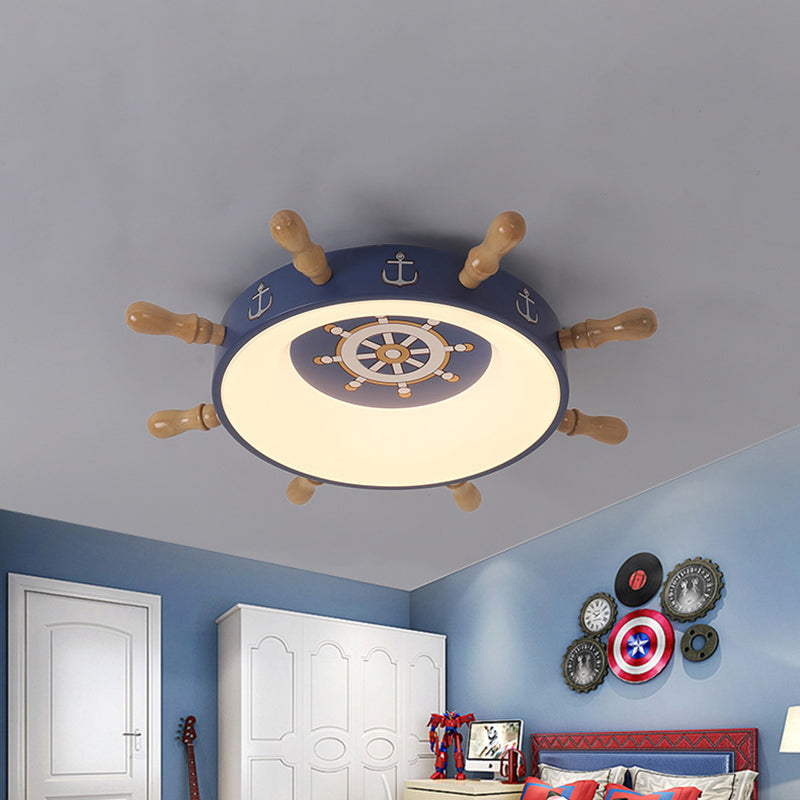 Kids Rudder Shape LED Flush Mount Fixture in Dark Blue and Wood/Blue, with White/Warm Light for Bedroom Lighting