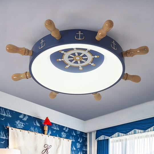 Kids Rudder Shape LED Flush Mount Fixture in Dark Blue and Wood/Blue, with White/Warm Light for Bedroom Lighting