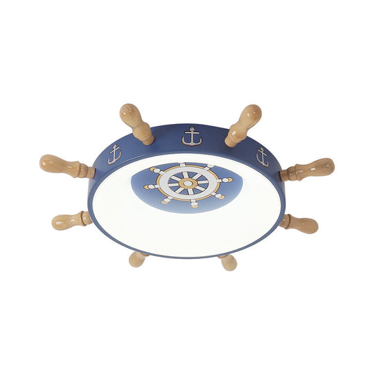 Kids Rudder Shape LED Flush Mount Fixture in Dark Blue and Wood/Blue, with White/Warm Light for Bedroom Lighting