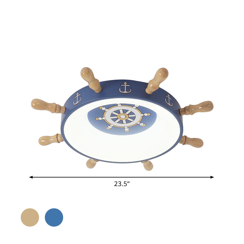 Kids Rudder Shape Led Flush Mount Fixture In Dark Blue And Wood/Blue With White/Warm Light For