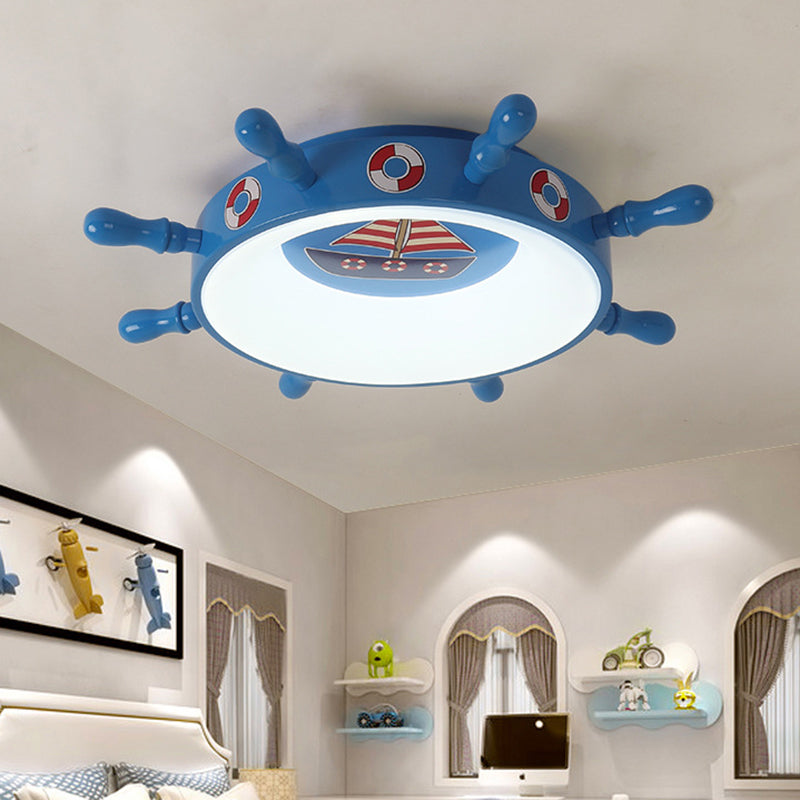 Kids Rudder Shape LED Flush Mount Fixture in Dark Blue and Wood/Blue, with White/Warm Light for Bedroom Lighting