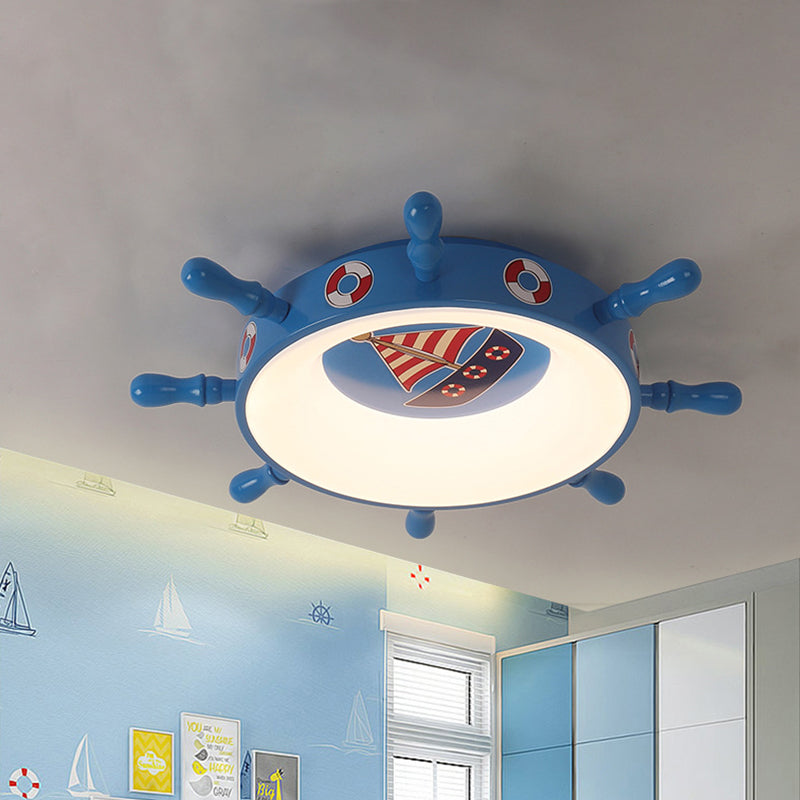 Kids Rudder Shape LED Flush Mount Fixture in Dark Blue and Wood/Blue, with White/Warm Light for Bedroom Lighting