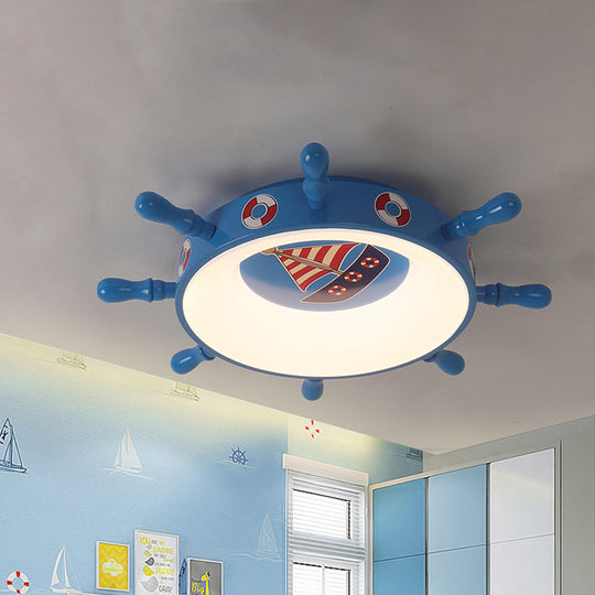 Kids Rudder Shape Led Flush Mount Fixture In Dark Blue And Wood/Blue With White/Warm Light For