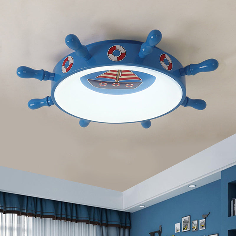 Kids Rudder Shape LED Flush Mount Fixture in Dark Blue and Wood/Blue, with White/Warm Light for Bedroom Lighting