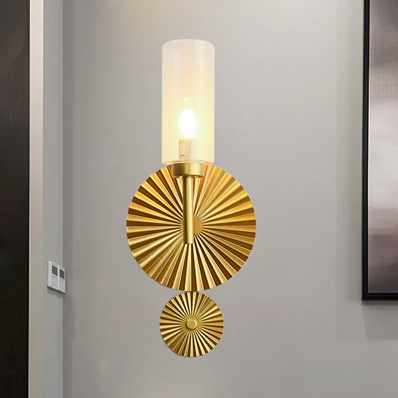 Mid Century Tubular Wall Sconce With Clear/Amber/Smoke Grey Glass And Brass Scalloped Backplate