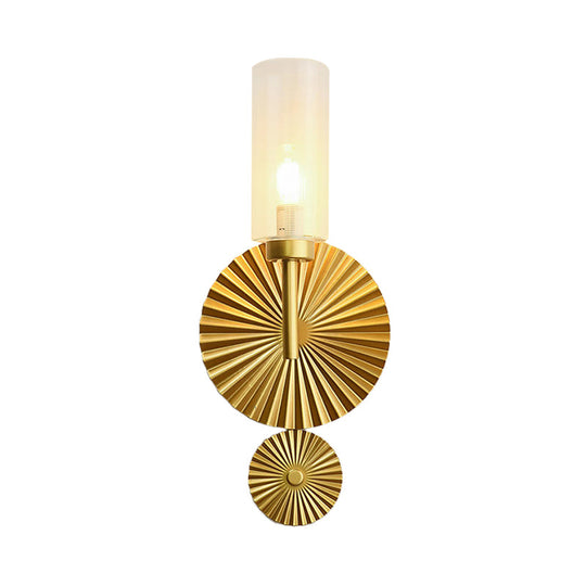 Mid Century Tubular Wall Sconce With Clear/Amber/Smoke Grey Glass And Brass Scalloped Backplate