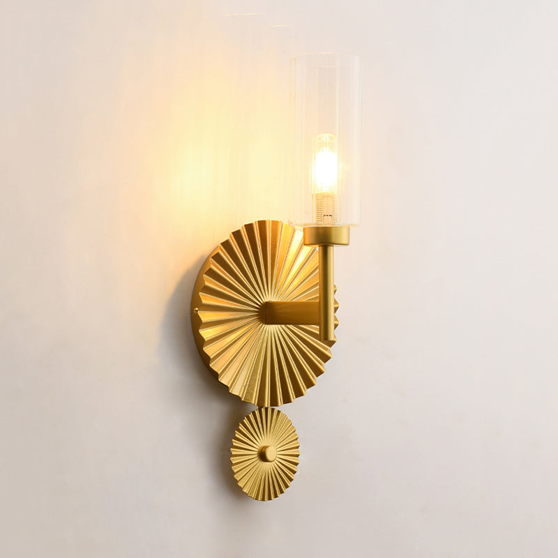 Mid Century Tubular Wall Sconce With Clear/Amber/Smoke Grey Glass And Brass Scalloped Backplate