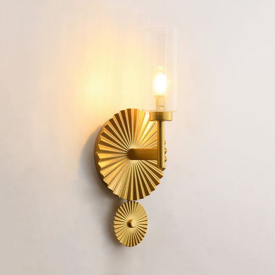 Mid Century Tubular Wall Sconce With Clear/Amber/Smoke Grey Glass And Brass Scalloped Backplate