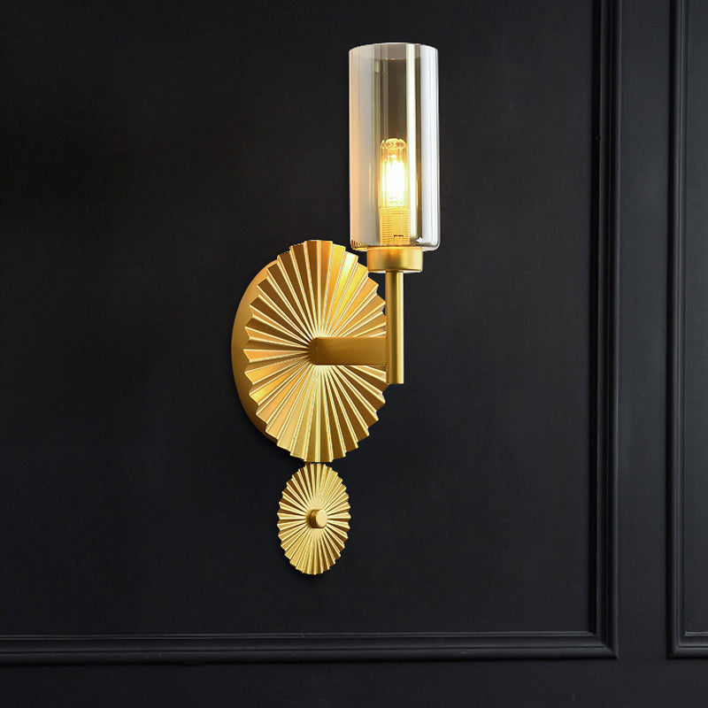 Mid Century Tubular Wall Sconce With Clear/Amber/Smoke Grey Glass And Brass Scalloped Backplate