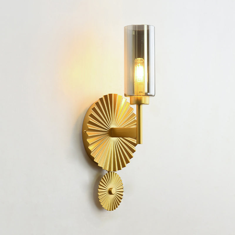 Mid Century Tubular Wall Sconce With Clear/Amber/Smoke Grey Glass And Brass Scalloped Backplate