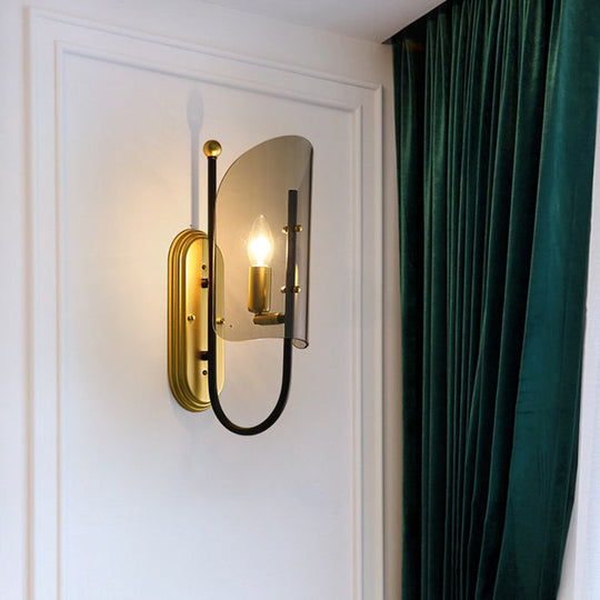 Mid Century Black-Brass 1-Light Hall Wall Sconce Lamp With Smoke Grey Curving Glass Shade