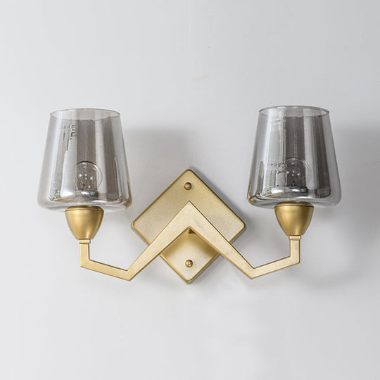 Mid-Century Wall Lamp With Truncated Cone Shade And Smoke/Clear Glass - Brass Sconce Light Fixture