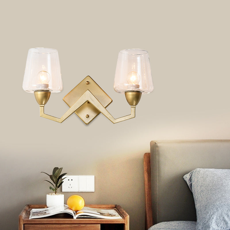 Mid-Century Wall Lamp With Truncated Cone Shade And Smoke/Clear Glass - Brass Sconce Light Fixture