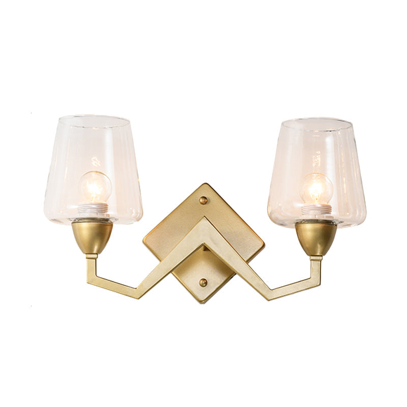 Mid-Century Wall Lamp With Truncated Cone Shade And Smoke/Clear Glass - Brass Sconce Light Fixture