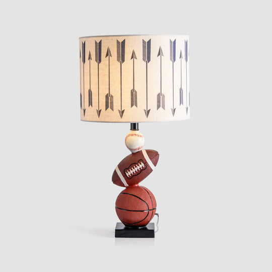 Drum Night Table Lamp: White Cartoon Print Bulb Included Fabric Shade With Decorative Balls+