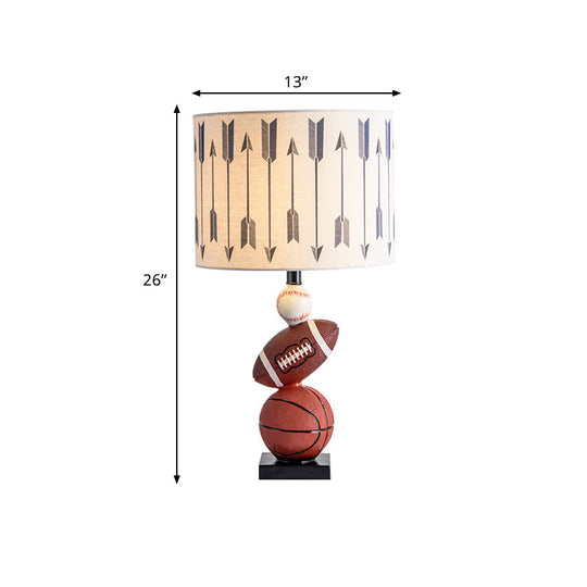 Drum Night Table Lamp: White Cartoon Print Bulb Included Fabric Shade With Decorative Balls+