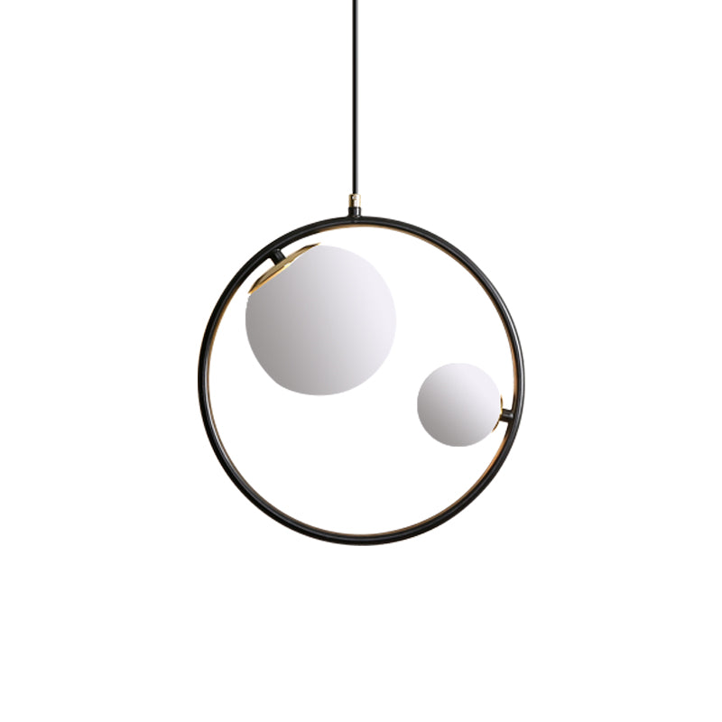 Contemporary Black Loop Pendant Chandelier With Opaline Glass Lamp Shade - 2 Lights