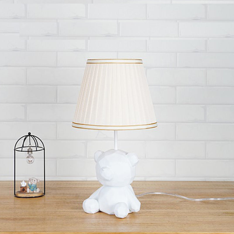 Cartoon Bear Barrel Fabric Table Light - White/Blue Night Lamp With Resin Base White