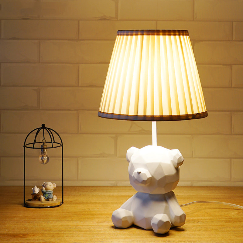 Cartoon Bear Barrel Fabric Table Light - White/Blue Night Lamp With Resin Base