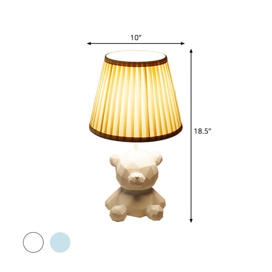 Cartoon Bear Barrel Fabric Table Light - White/Blue Night Lamp With Resin Base