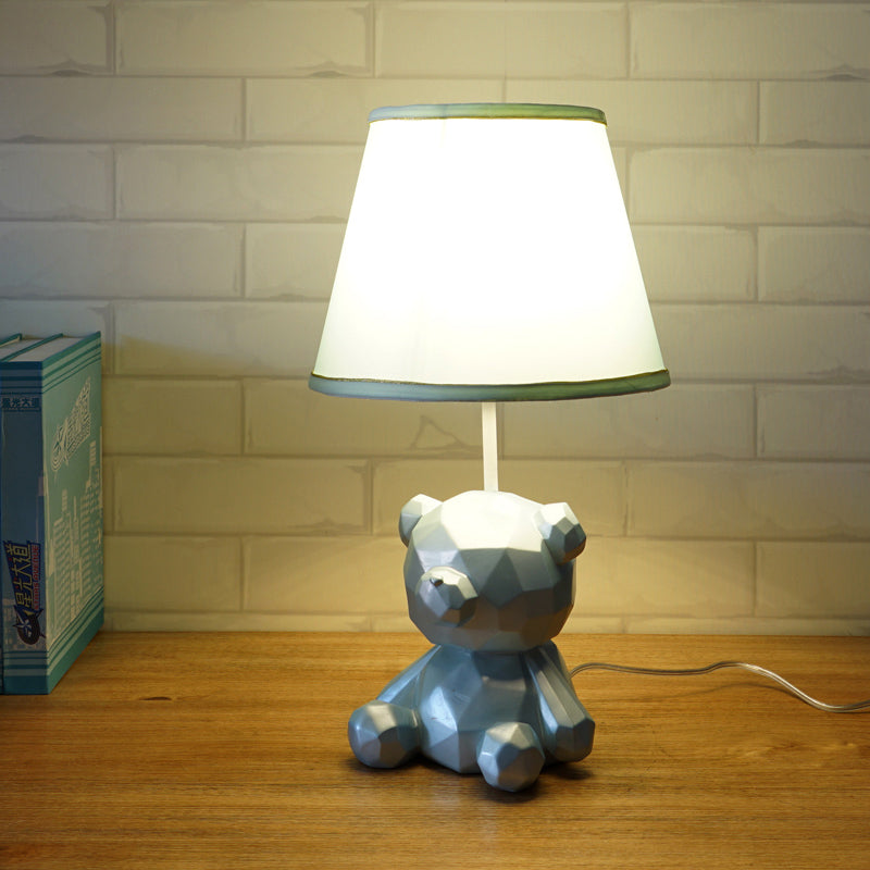 Cartoon Bear Barrel Fabric Table Light - White/Blue Night Lamp With Resin Base Blue