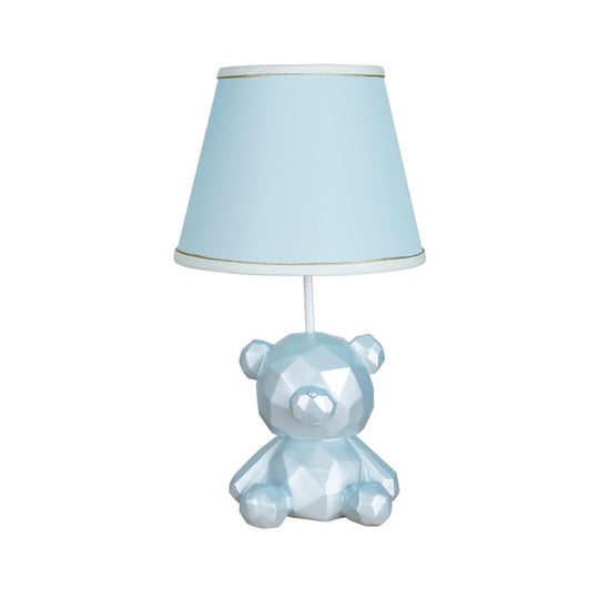 Cartoon Bear Barrel Fabric Table Light - White/Blue Night Lamp With Resin Base