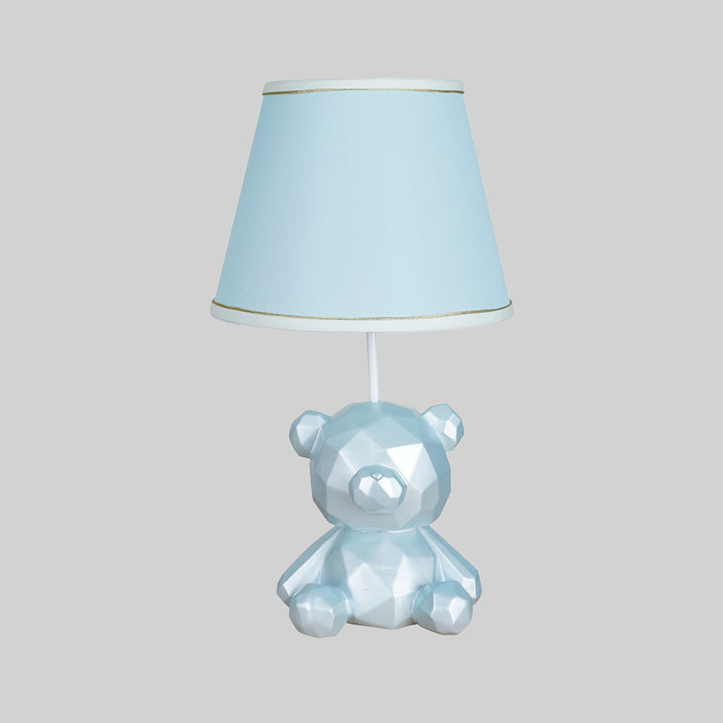 Cartoon Bear Barrel Fabric Table Light - White/Blue Night Lamp With Resin Base