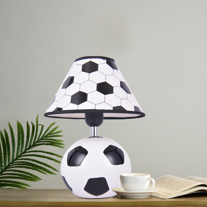 Soccer-Inspired Cartoon Night Lamp: White And Black Ceramic Table Light With Plastic Conic Shade