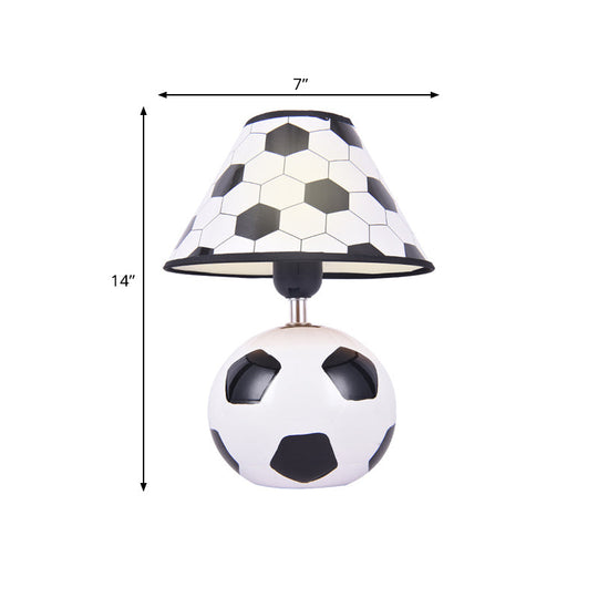 Soccer-Inspired Cartoon Night Lamp: White And Black Ceramic Table Light With Plastic Conic Shade