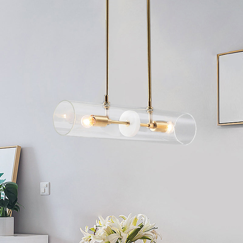 Minimalist Brass Finish Island Pendant With Clear Glass Tubes - Suspended Lighting Fixture