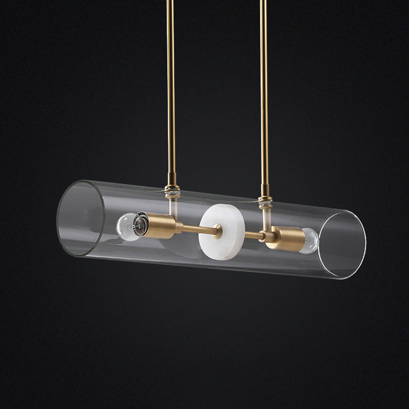 Minimalist Brass Finish Island Pendant With Clear Glass Tubes - Suspended Lighting Fixture