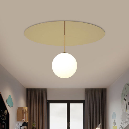 Gold Ceiling Mount Semi Flush Light with Cream Glass Ball and Disc Canopy