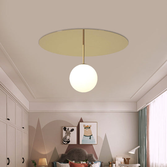 Gold Ceiling Mount Semi Flush Light with Cream Glass Ball and Disc Canopy