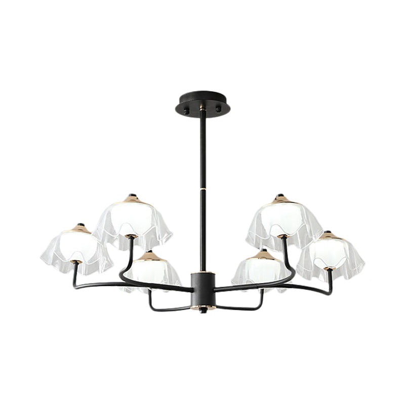 Black Floral Chandelier Light Fixture - Modern Acrylic Ceiling Pendant With 6 Heads And Bowl Insert