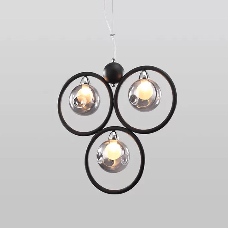 Modern Smoke Grey Glass Dimpled Ball Pendant Chandelier - 3 Bulbs Black Hoop Arm