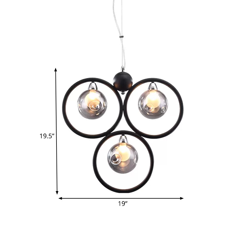 Modern Smoke Grey Glass Dimpled Ball Pendant Chandelier - 3 Bulbs Black Hoop Arm