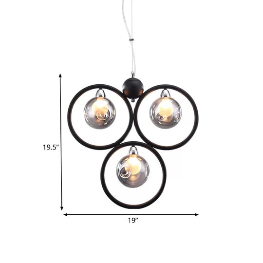 Modern Smoke Grey Glass Dimpled Ball Pendant Chandelier - 3 Bulbs Black Hoop Arm