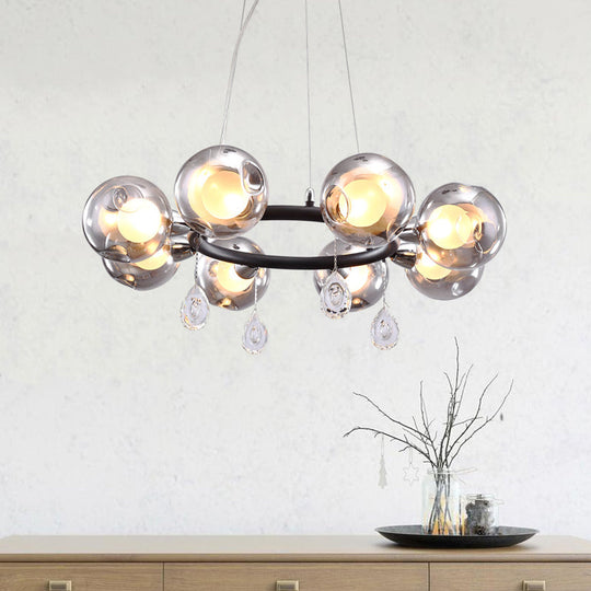 Modern Smoke Grey Glass Orb Pendant Chandelier with Droplet - 8 Lights, Black