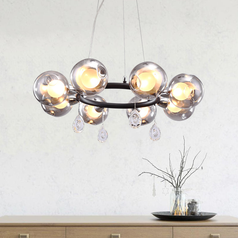 Modern Smoke Grey Glass Orb Pendant Chandelier - 8-Light Circular Design With Droplet Gray