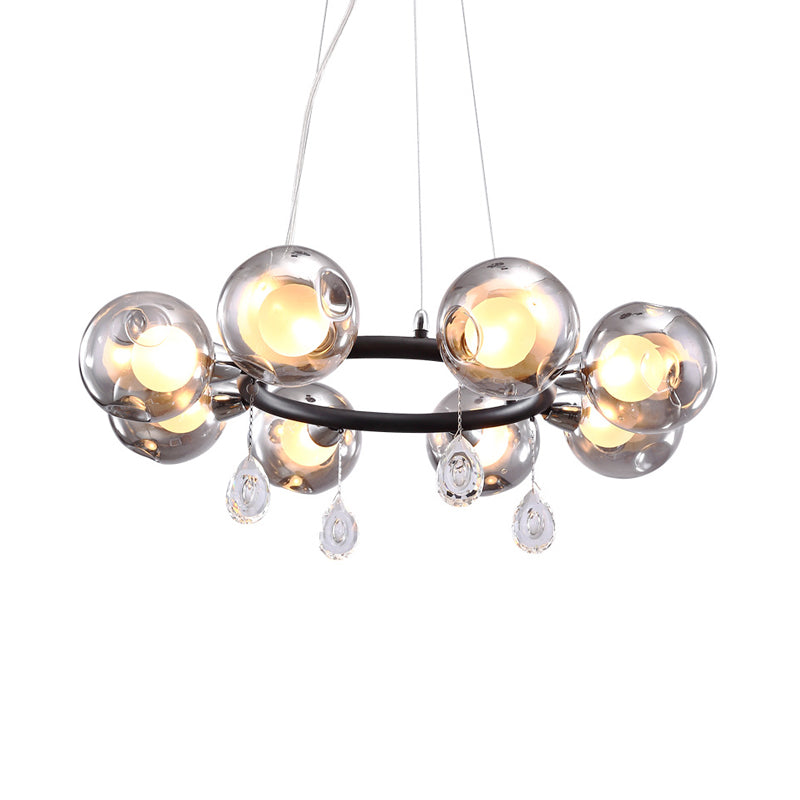 Modern Smoke Grey Glass Orb Pendant Chandelier with Droplet - 8 Lights, Black