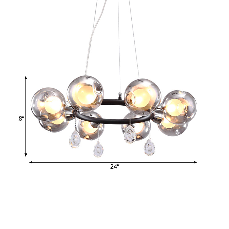 Modern Smoke Grey Glass Orb Pendant Chandelier with Droplet - 8 Lights, Black