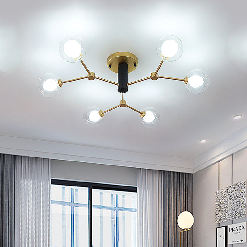 Modern Clear And White Glass 6-Head Semi Flush Mount Ceiling Light For Bedrooms In Gold