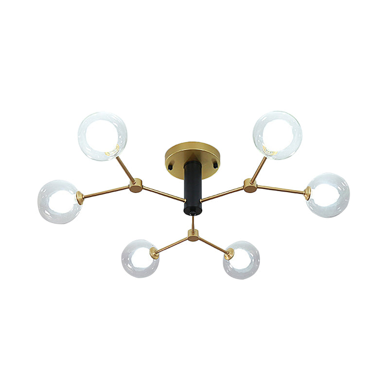 Postmodern Molecule Ceiling Light - Clear & White Glass, 6-Head Semi Flush Mount in Gold for Bedroom Lighting