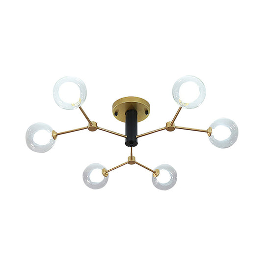 Modern Clear And White Glass 6-Head Semi Flush Mount Ceiling Light For Bedrooms In Gold