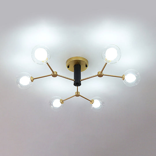 Postmodern Molecule Ceiling Light - Clear & White Glass, 6-Head Semi Flush Mount in Gold for Bedroom Lighting