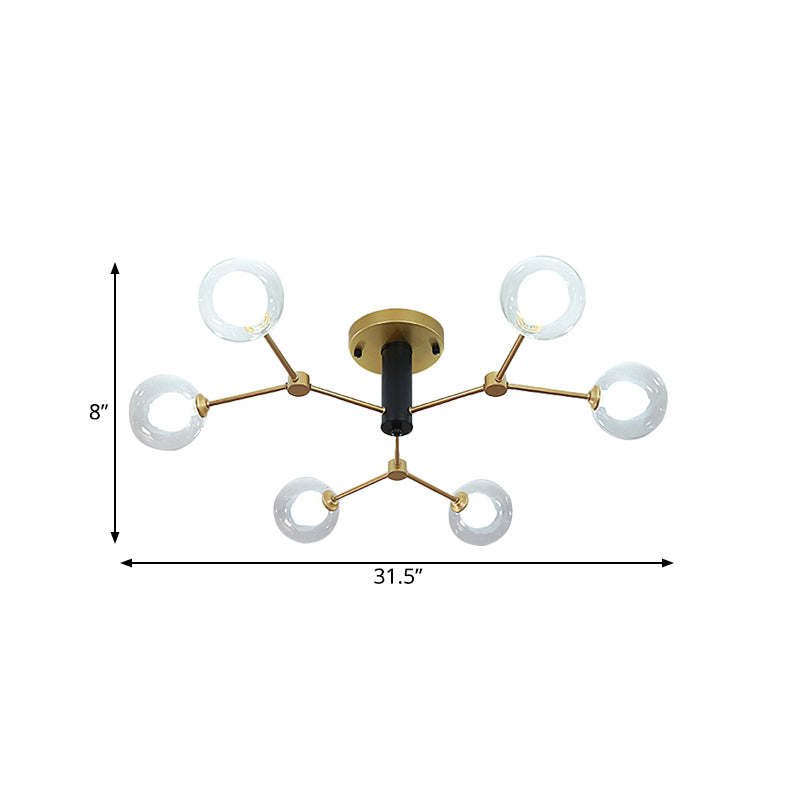 Postmodern Molecule Ceiling Light - Clear & White Glass, 6-Head Semi Flush Mount in Gold for Bedroom Lighting