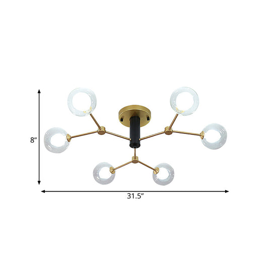 Postmodern Molecule Ceiling Light - Clear & White Glass, 6-Head Semi Flush Mount in Gold for Bedroom Lighting