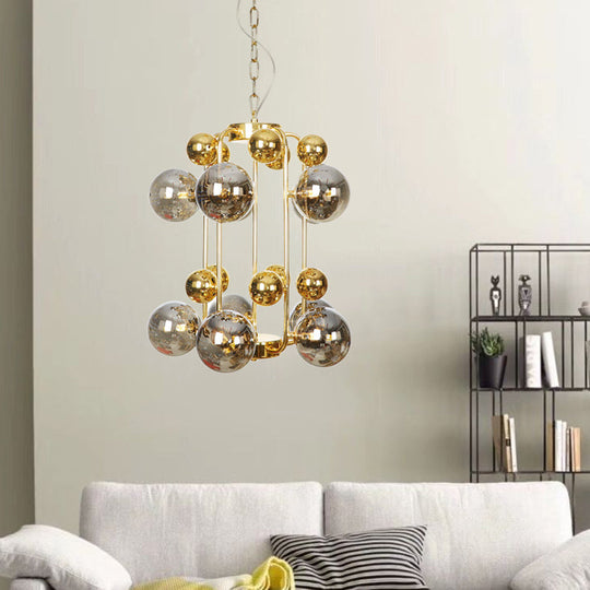 Postmodern 8-Bulb Chandelier Lamp with Smoke Grey Glass - Brass Molecular Pendant Light Fixture