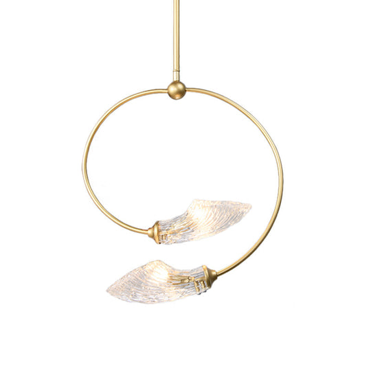 Minimalistic Clear Glass Swirly Flower Chandelier With Gold Finish - 2 Bulbs Hanging Pendant Light