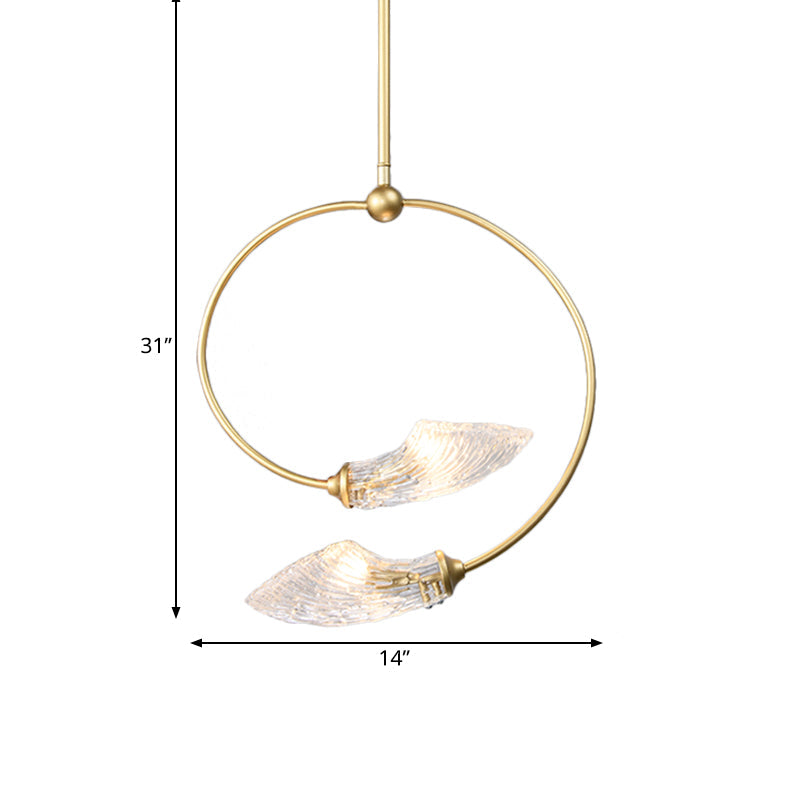 Minimalistic Clear Glass Swirly Flower Chandelier Pendant Light - Gold Finish, 2 Bulbs